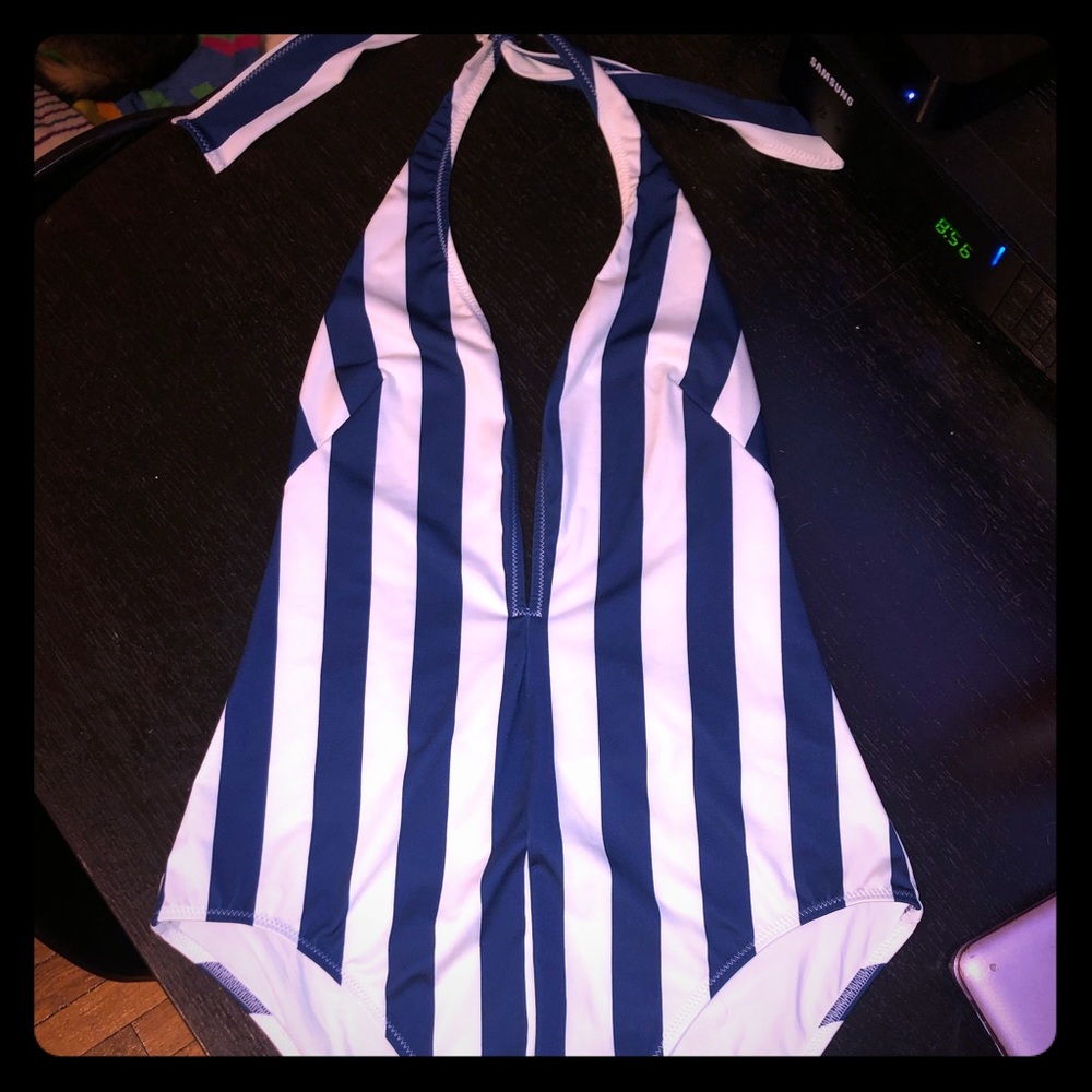 Navy and white striped halter one piece swimsuit